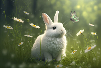 White easter bunny and butterfly in the grass with wild flowers, generative AI