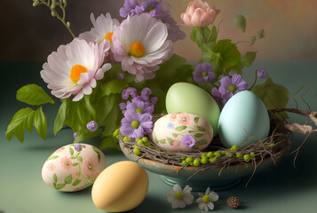Painted easter eggs in a basket with decorative flowers, generative AI