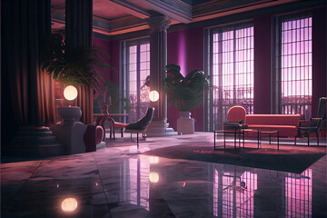 Fototapeta na wymiar Futuristic modern cyberpunk living room design, stunning Lavish apartment - generative ai