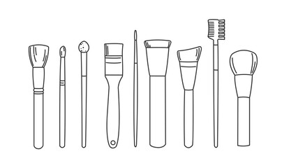 makeup artist tools in doodle style, a poster with a set of makeup brushes, a banner with a set of brushes for face painting