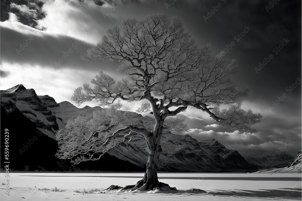 Poster a black and white photo of a tree in the snow with mountains in the background and clouds in the sky