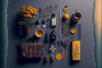 a collection of items arranged on a blue surface with a yellow flower and a brown bag on the side of the image, including a yellow flower, a brown bag, a yellow and a.