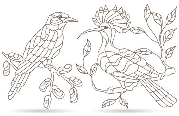 Fototapeta na wymiar Set of contour illustrations in stained glass style with birds, animals on branches isolated on a white background