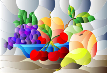 Illustration in stained glass style with still life, fruits and berries in blue bowl on a grey background