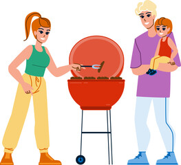 family bbq vector. barbecue food, happy cooking, grill summer, weekend outdoor, meat lifestyle, nature family bbq character. people flat cartoon illustration