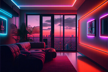 Futuristic modern cyberpunk living room design, stunning Lavish apartment - generative ai - obrazy, fototapety, plakaty