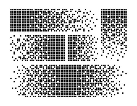 Pixel disintegration background. Halftone fragment. Dispersed dotted pattern. Concept of disintegration. Square pixel mosaic textures with square particles. Vector illustration on white background.