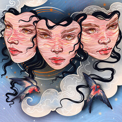 three heads of a beautiful girl consciousness essence subconscious ego - 559691286