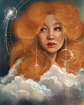 golden woman sun comet star cloud 