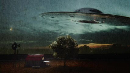 Alien spaceship kidnapping a human with the abduction ray.