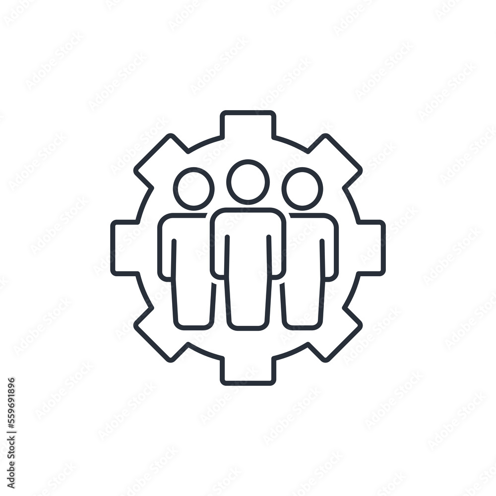 Poster a group of people in a mechanism.change of working composition. regrouping. vector linear icon isola