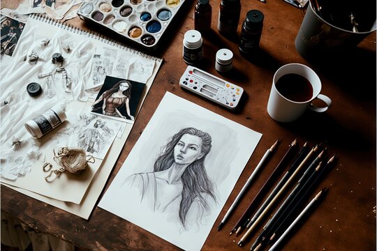 a table with a drawing, a cup of coffee, and a pencil and watercolors on it with a cup of coffee and a pencil and a drawing on the table with a.