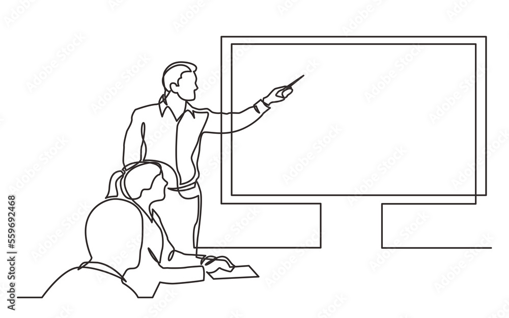 Poster continuous line drawing business presentation during team meeting png image with transparent backgro