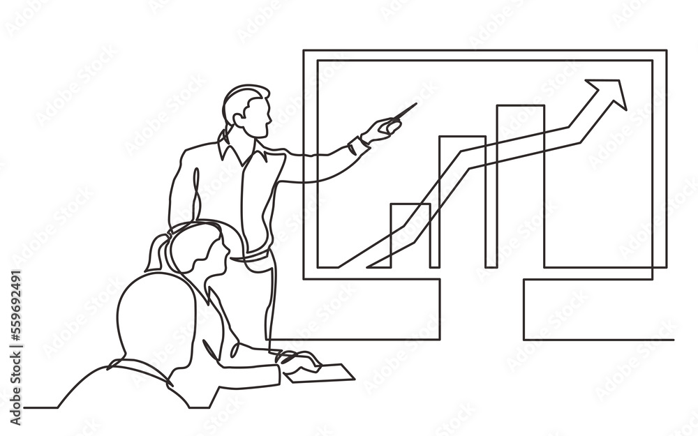 Poster continuous line drawing business presentation during team meeting with business charts and graph png