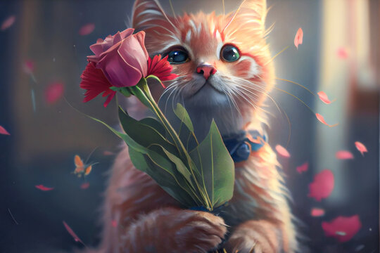 Cute ginger cat with rose flowers, gives a bouquet to his beloved mother or girlfriend a valentine card or a birthday wedding, a gentle illustration picture ai generated, 