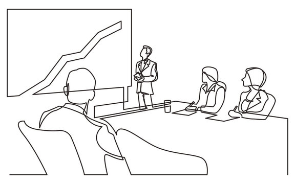 continuous line drawing business presentation before team with growing graph PNG image with transparent background