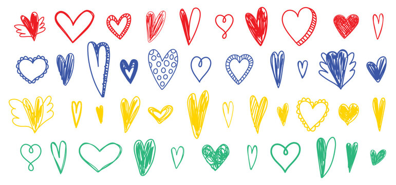 Heart sketch. Pencil drawing romantic illustration. Colorful pen or marker love symbol set