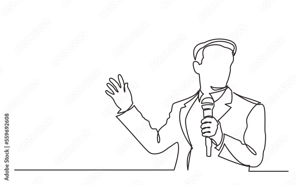 Poster continuous line drawing business trainer talking with microphone png image with transparent backgrou