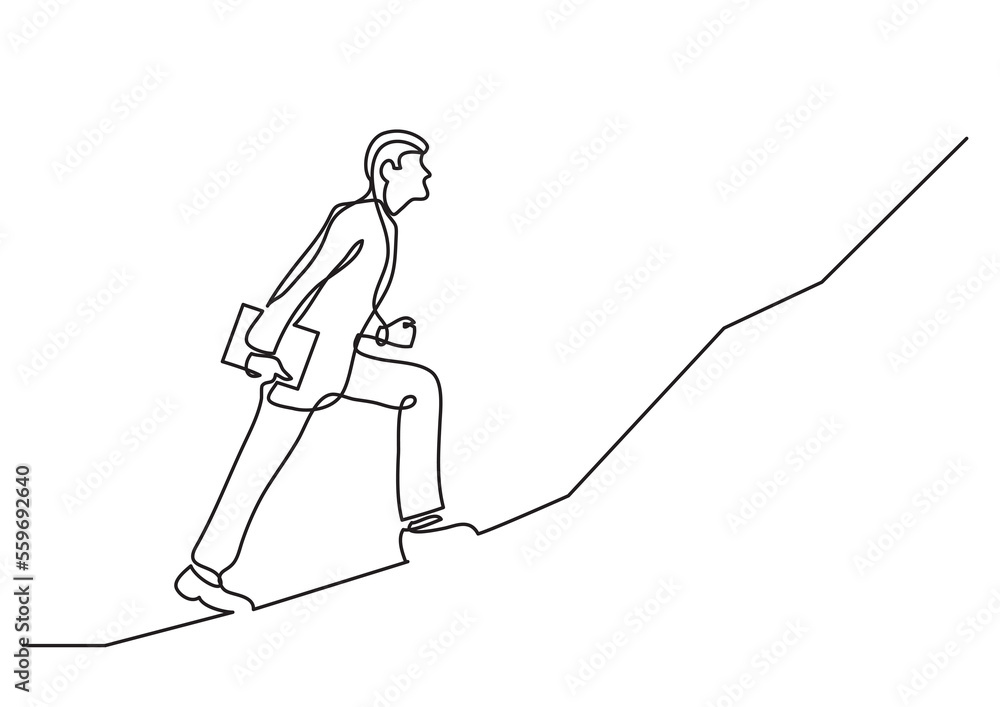 Poster continuous line drawing businessman climbing on steep scoop png image with transparent background