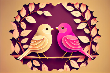 a pair of pink and bronze birds in love are sitting on a tree branch. love and relationships wedding, illustration cut out for happy valentine's day frame ai generated, 