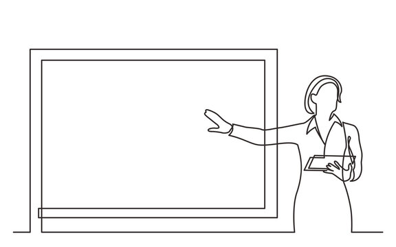 continuous line drawing business woman trainer pointing at screen PNG image with transparent background