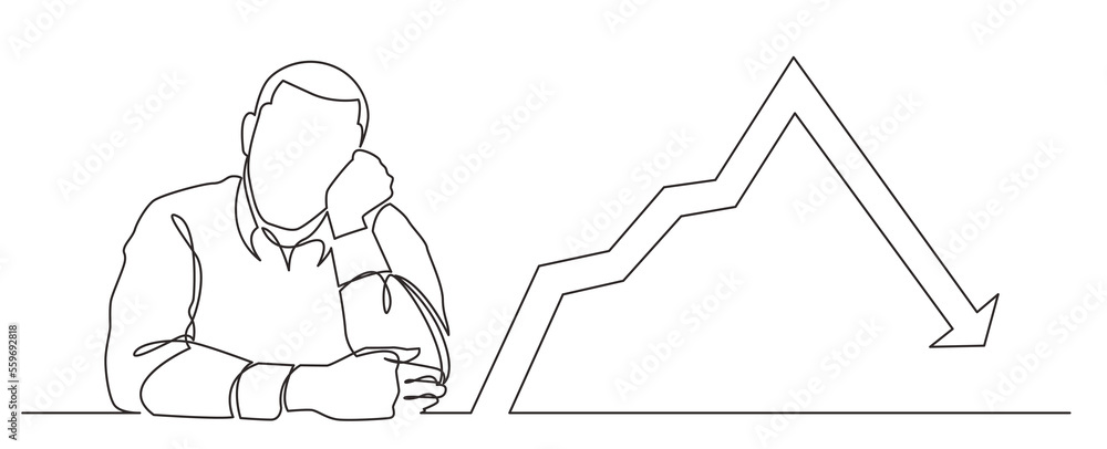 Poster continuous line drawing depressed man with declining graph png image with transparent background