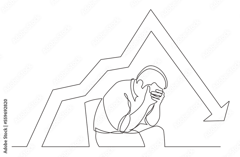 Poster continuous line drawing depressed man with declining chart png image with transparent background