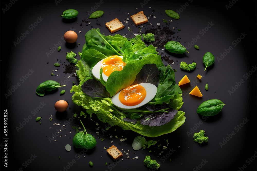 Aufkleber a salad with eggs and lettuce on a black surface with eggs and cheese on top of it., generative ai