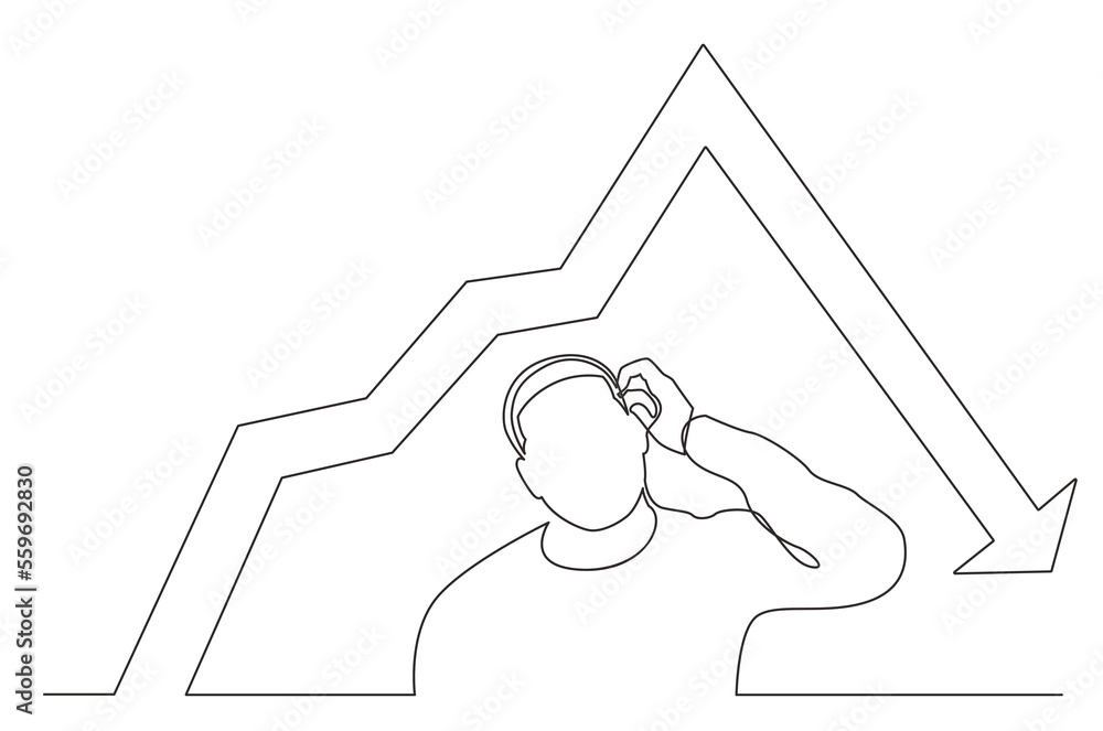 Poster continuous line drawing frustrated man with declining chart png image with transparent background