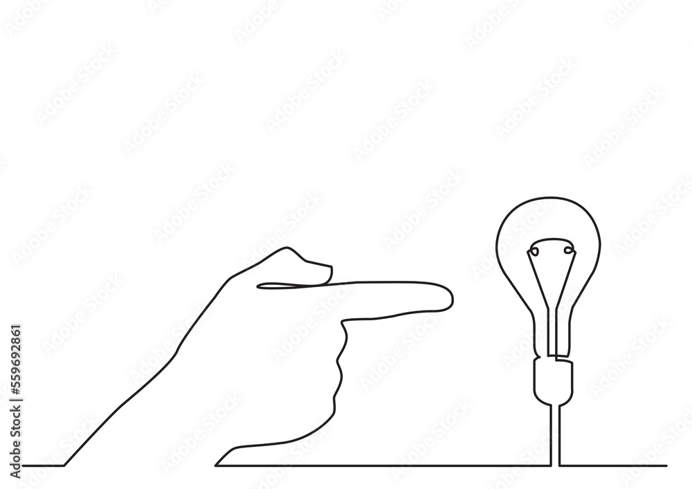 Poster continuous line drawing hand pointing at light bulb png image with transparent background