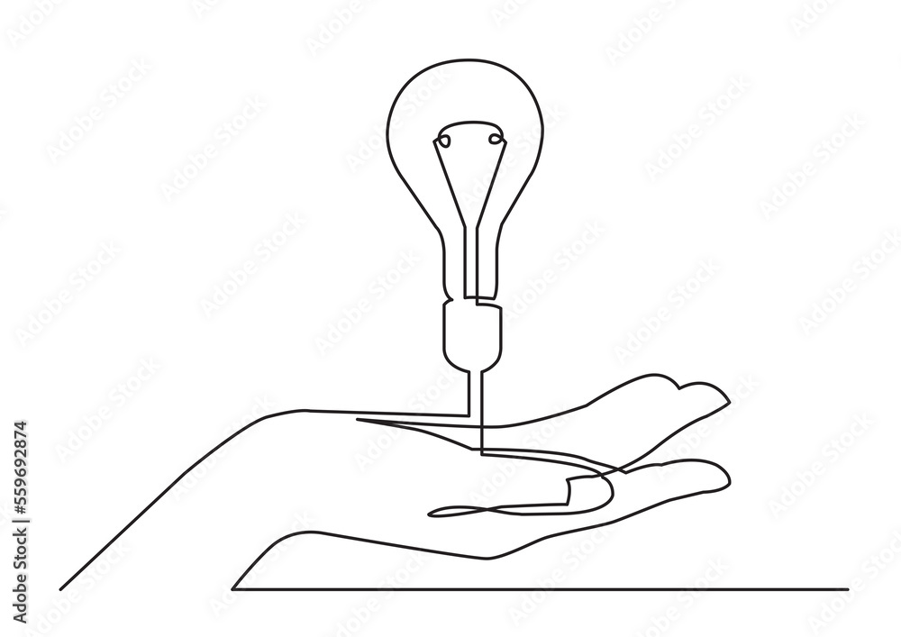 Poster continuous line drawing hand showing light bulb idea png image with transparent background