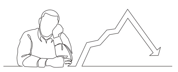 continuous line drawing depressed man with declining graph PNG image with transparent background