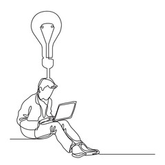 continuous line drawing guy with laptop computer with idea PNG image with transparent background