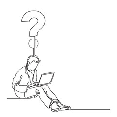 continuous line drawing guy with laptop computer with question PNG image with transparent background