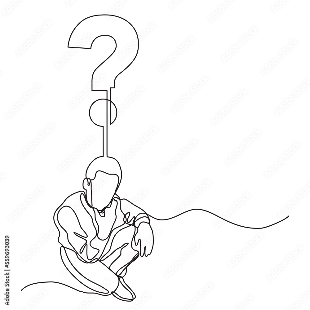 Poster continuous line drawing man thinking about question png image with transparent background