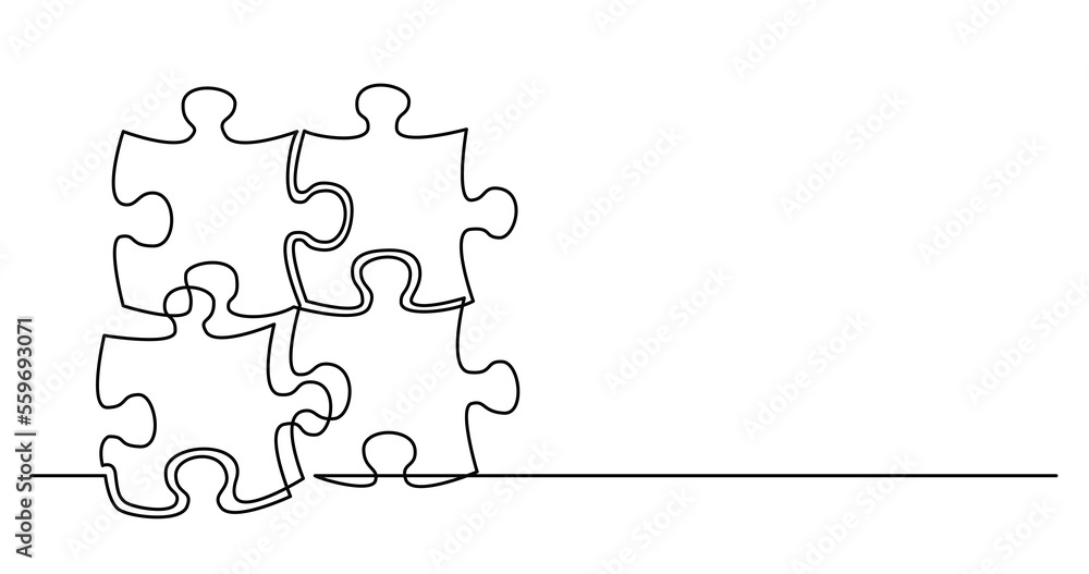Poster continuous line drawing of four puzzle pieces connected together as solution metaphor png image with
