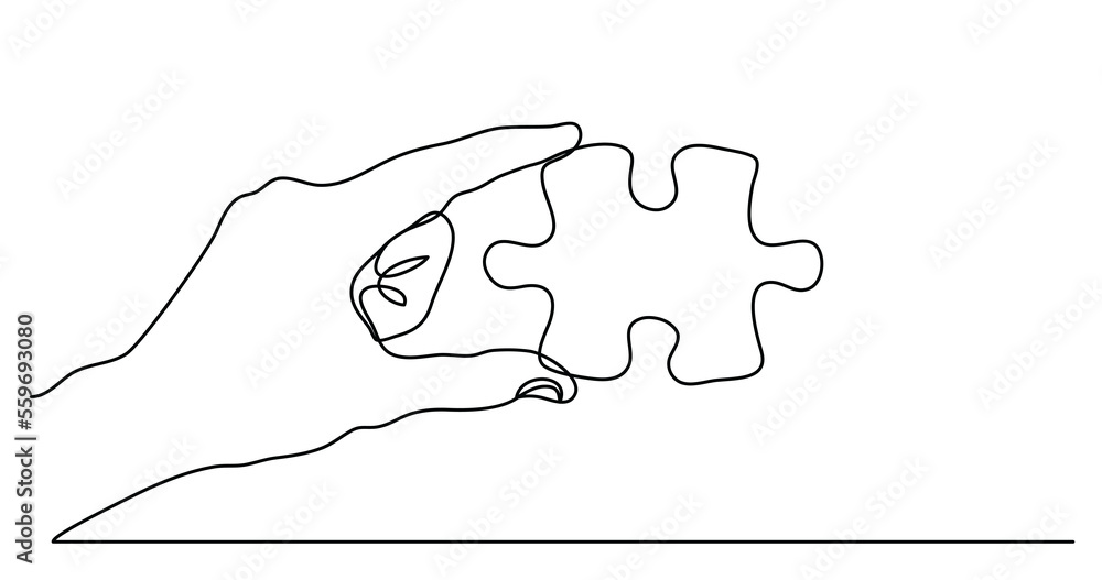 Poster continuous line drawing of hand holding puzzle as a solution png image with transparent background