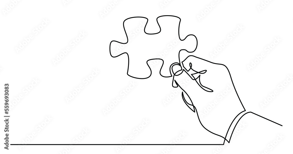 Aufkleber continuous line drawing of hand holding puzzle piece as a solution png image with transparent backgr