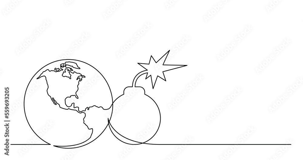 Poster continuous line drawing of world planet with bomb with firing fuze png image with transparent backgr