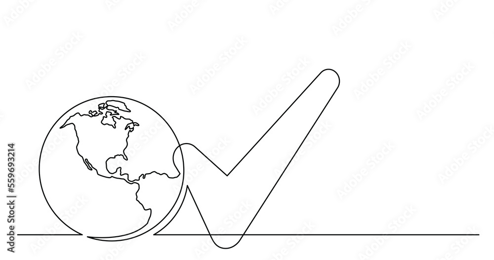 Poster continuous line drawing of world planet with checked mark icon png image with transparent background