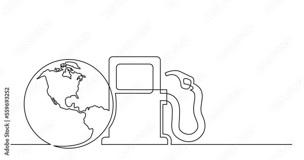 Poster continuous line drawing of world planet with gas petrolium pump png image with transparent backgroun