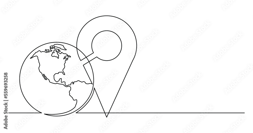 Poster continuous line drawing of world planet with location icon png image with transparent background