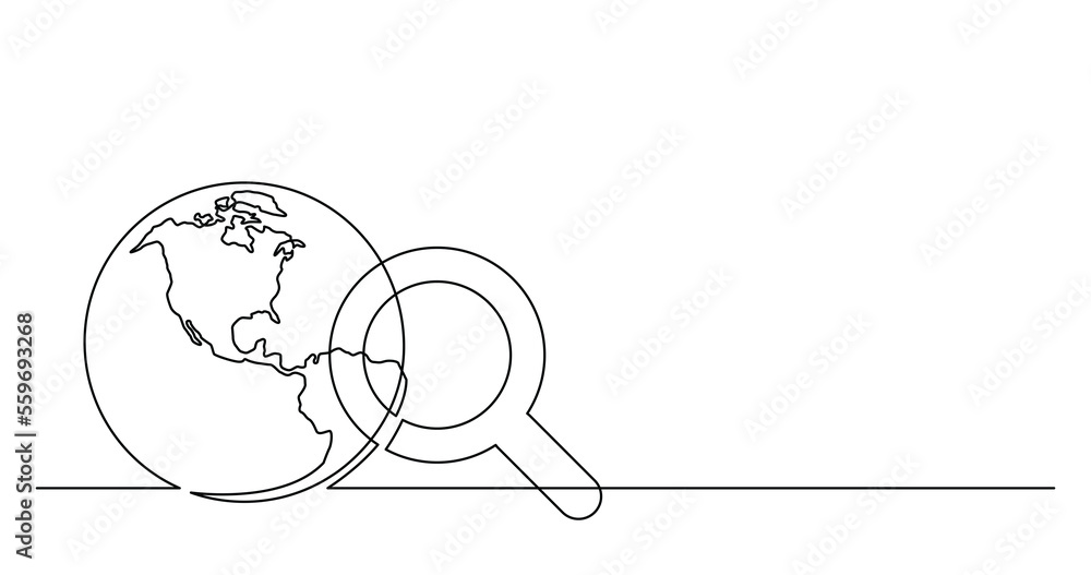 Poster continuous line drawing of world planet with looking glass search icon png image with transparent ba