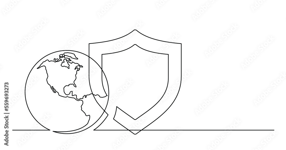 Poster continuous line drawing of world planet with protection security shield icon png image with transpar