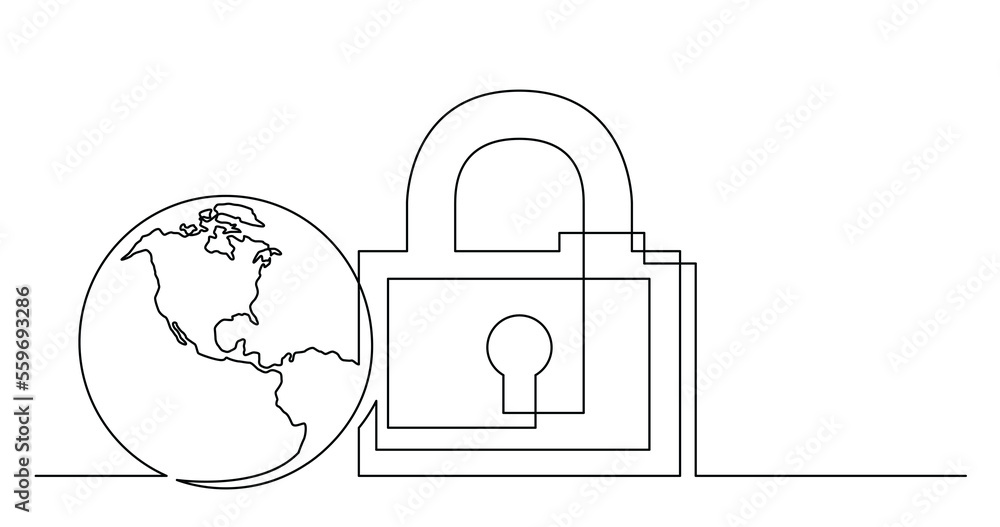 Sticker continuous line drawing of world planet with security lock PNG image with transparent background