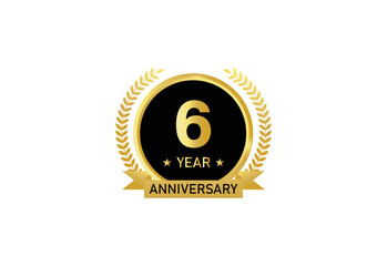 6 year anniversary celebration. Anniversary logo with ring and elegance golden color isolated on white background, vector design for celebration.