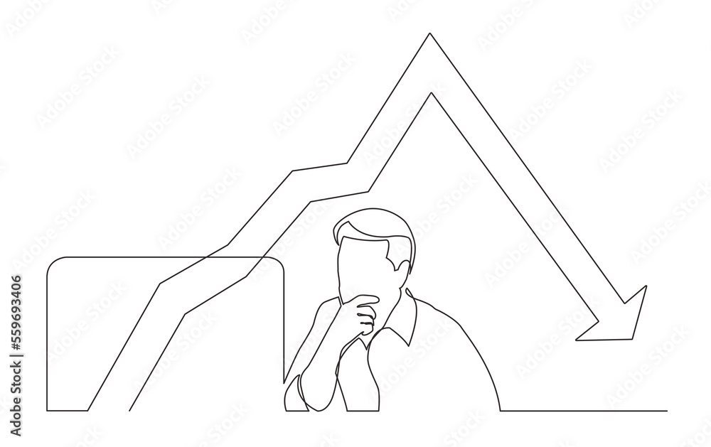 Poster continuous line drawing sitting computer worker focused on declining chart png image with transparen