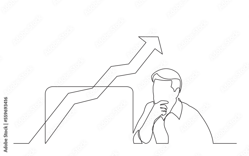 Poster continuous line drawing sitting computer worker focused on rising chart png image with transparent b