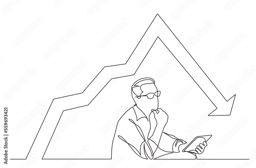 Poster continuous line drawing sitting man analyzing with tablet declining chart png image with transparent
