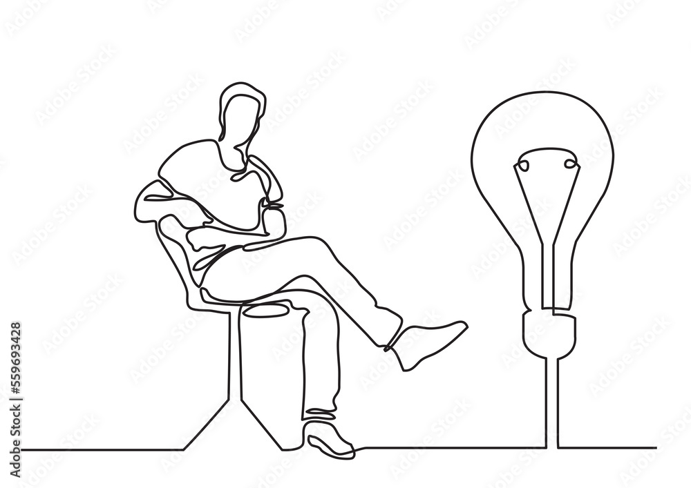 Poster continuous line drawing sitting man with bright idea png image with transparent background